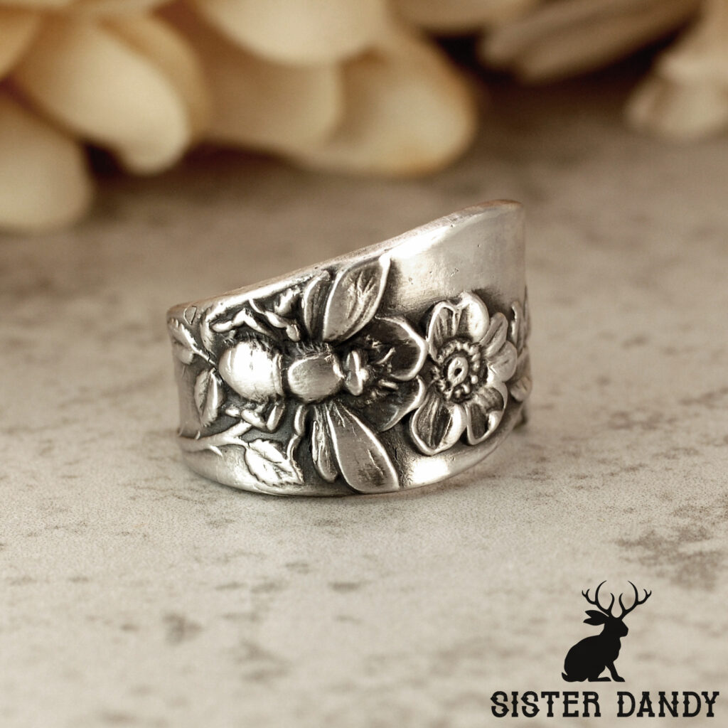 Bee Pollinator on Flower Reproduction Ring using 925 Antique Sterling Silver